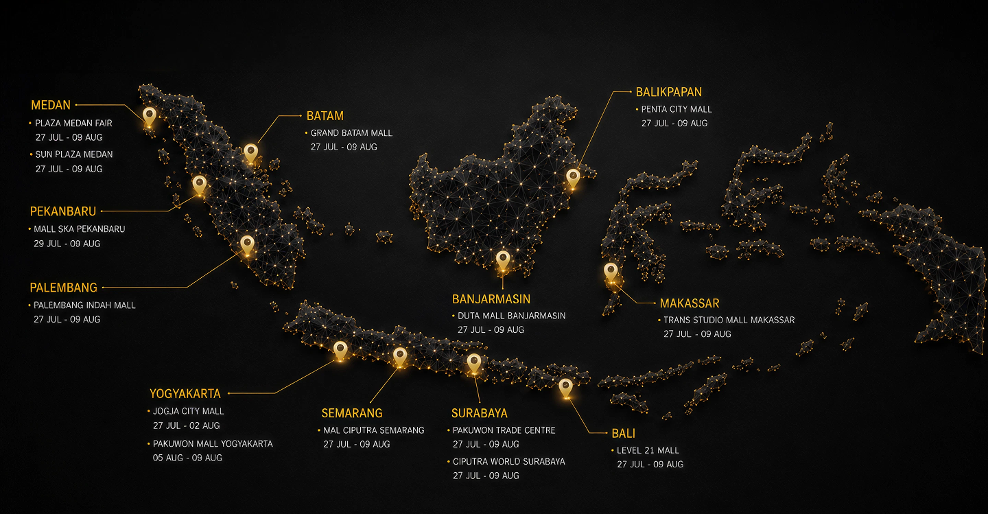 Suzuki XL7 roadshow map — Medan, Pekanbaru, Batam, Palembang, Yogyakarta, Semarang, Surabaya, Bali, Banjarmasin, Balikpapan, Makassar